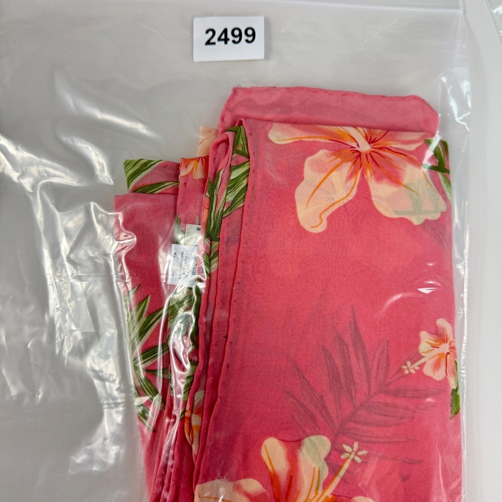 Pineapple Moon Womens OS Tropical Crepe Scarf Wrap Pink Hibiscus Hand Roll - Picture 13 of 13
